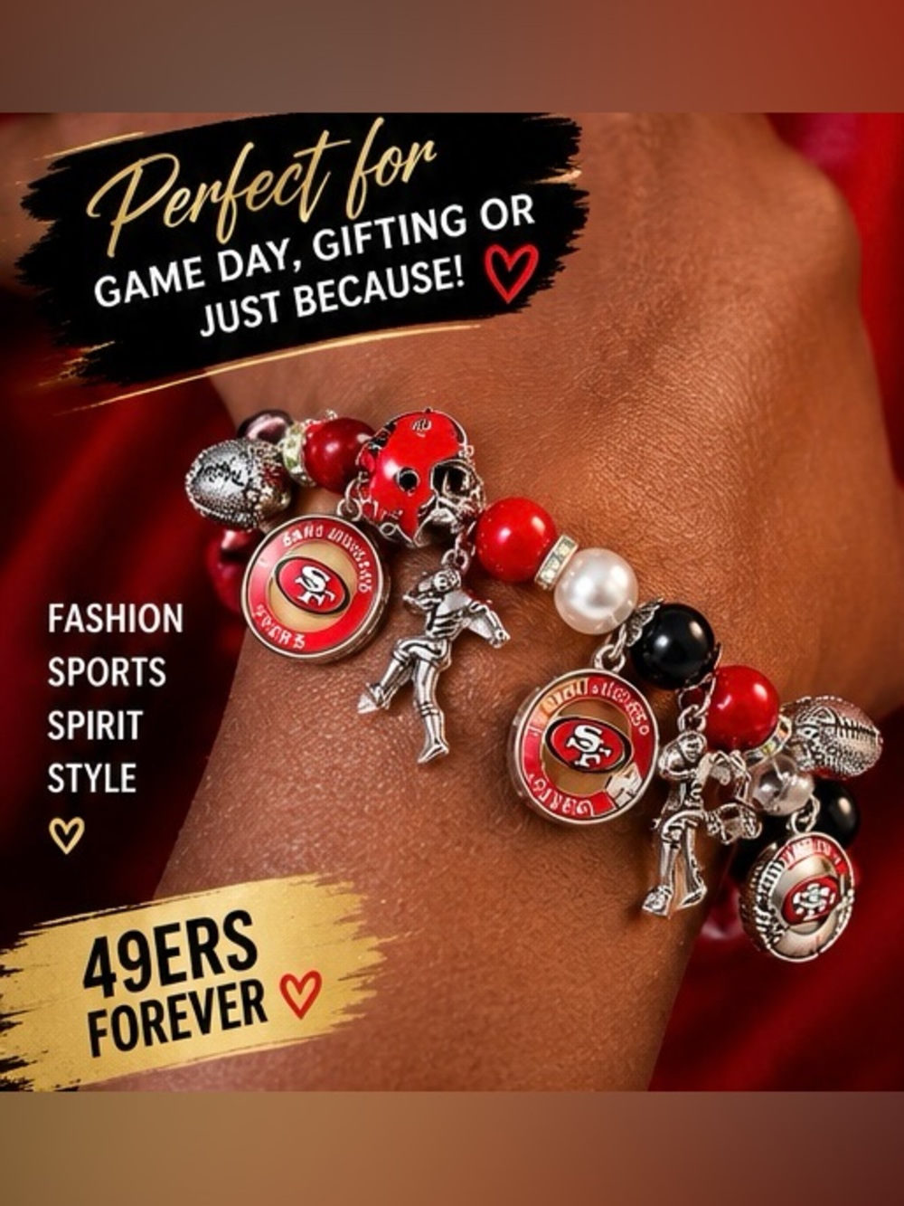 San Francisco 49ers Charm Bracelet - Red, Black & Silver Team Bracelet